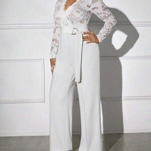 Lace-Top White Wide-Leg Belted Jumpsuit